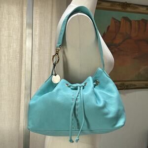 Y2k slouchy hobo teal minimalist pebbled leather drawstring bucket shoulder bag